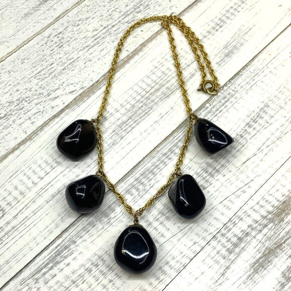 Natural Stone Fringe Necklace Gold Tone Chain 17 Inch Length - Picture 4 of 4